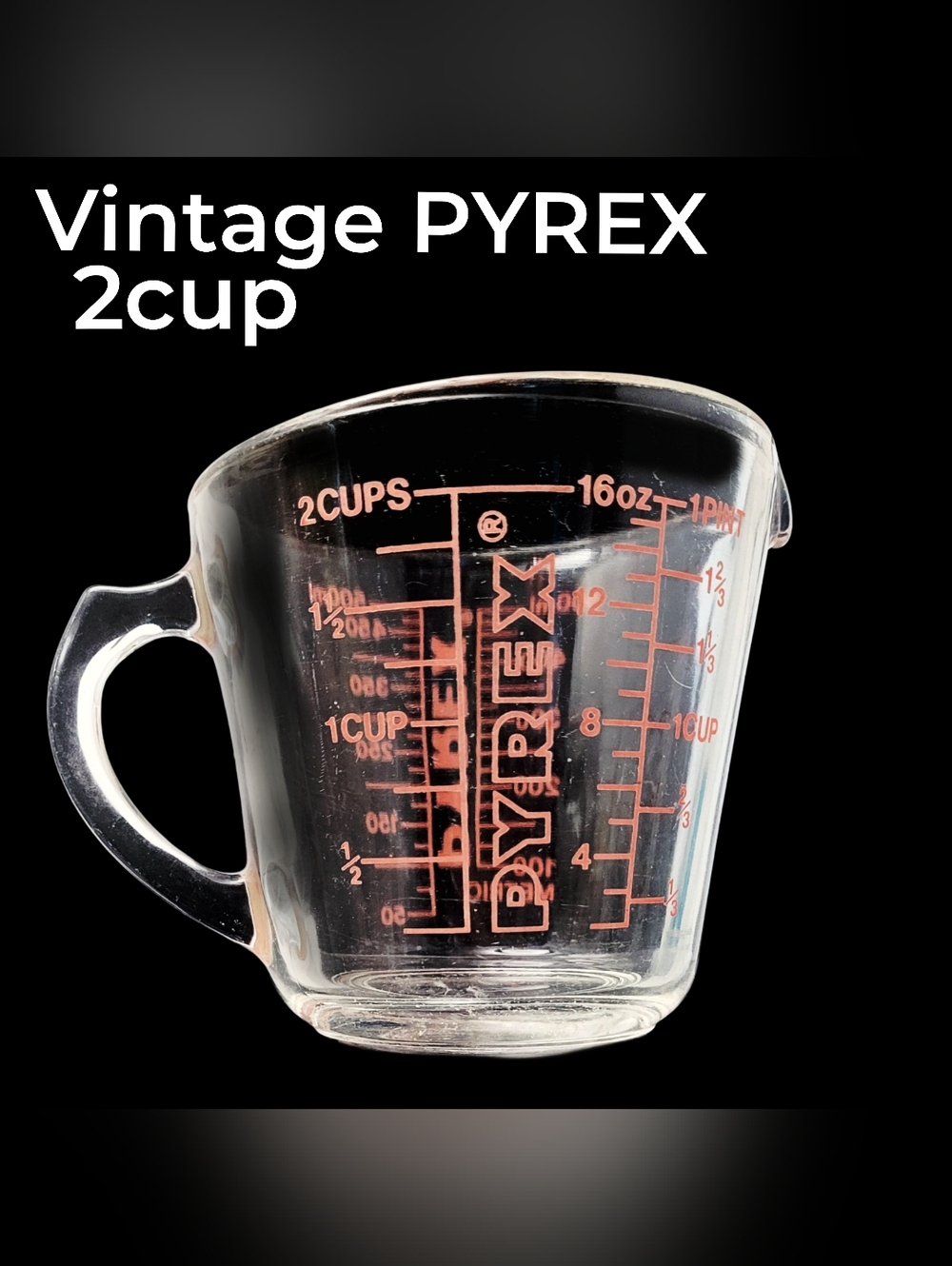 PYREX 1980s Red/ Pink Writing "D" handle Glass Measuring Cup  - 2 Cup